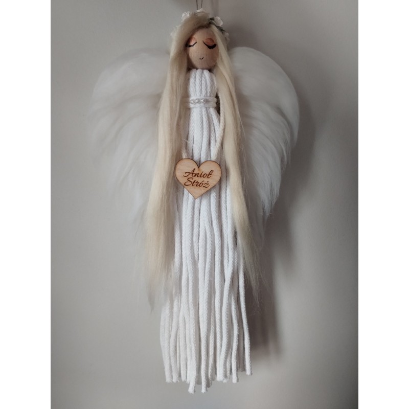 Anioł Stróż biały pleciony ze sznurka dekoracja makrama